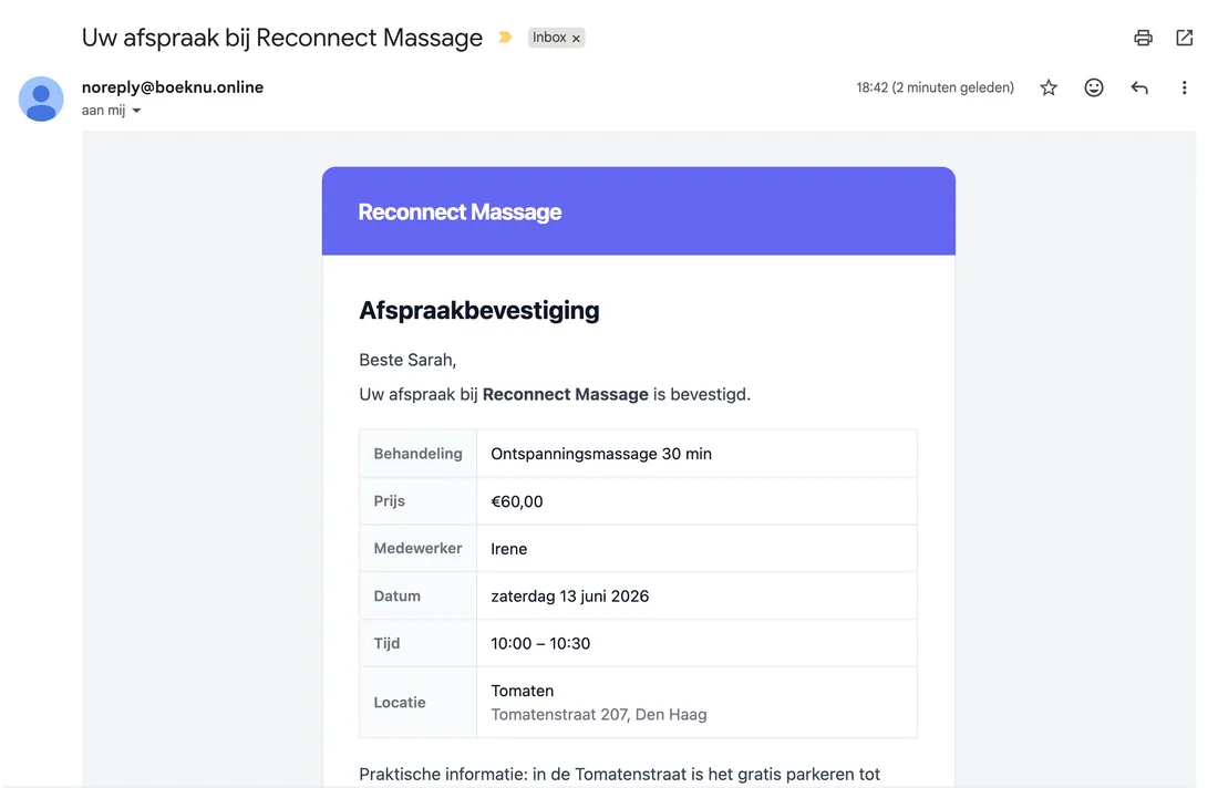 Voorbeeld bevestigingsmail